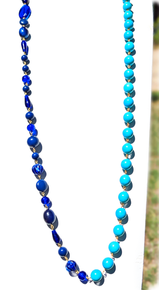 Vintage Blue Glass + Turquoise Beads Amazing Long Necklace Gay Isber one of a kind USA Made 1 of 1-Gay Isber Designs