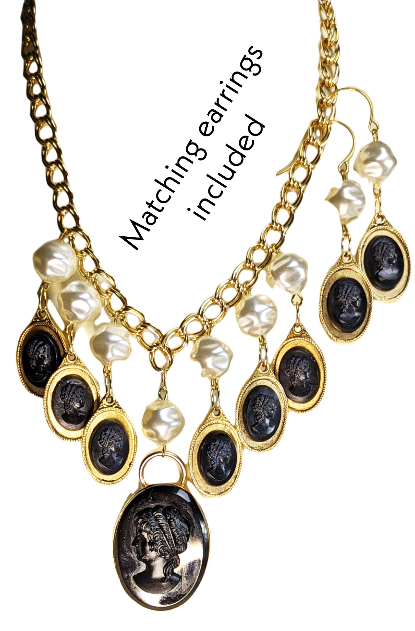 Black Gold Pearl Vintage Cameo Necklace with Free Matching EARRING Gay Isber Sister Collection-Gay Isber Designs