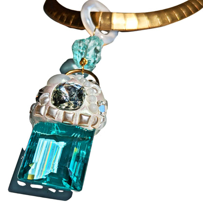 Jumbo Aqua Quartz emerald cut Pendant Collar Necklace Gay Isber One of one-Gay Isber Designs