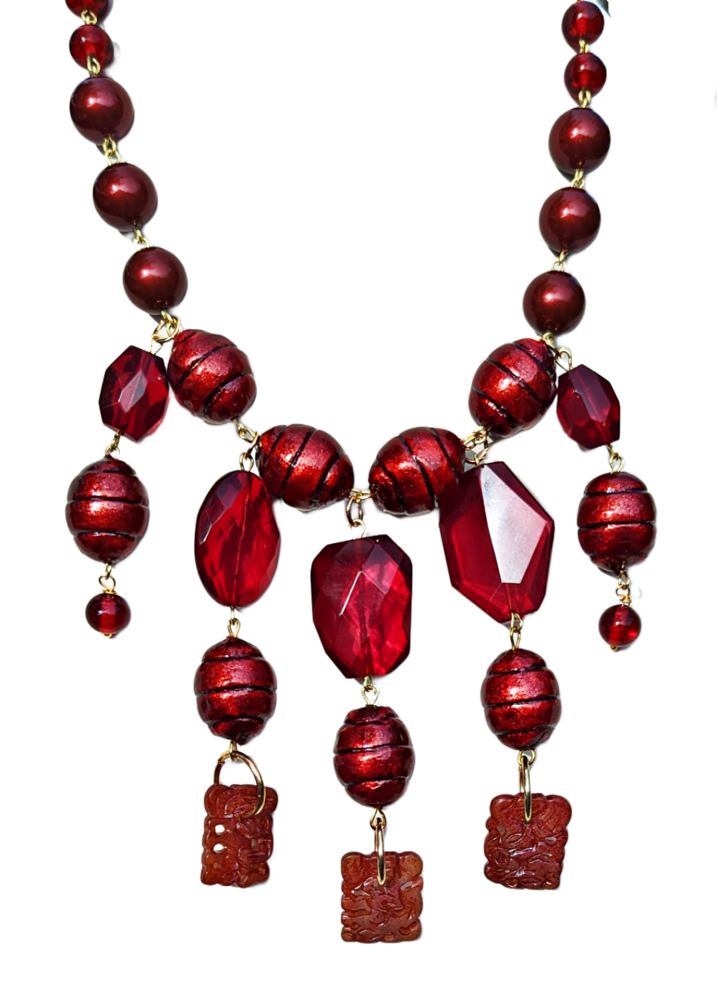 Deep Red Garnet Glass + Vintage Cotton Pearl Art Necklace Gay Isber USA 1 of 1-Gay Isber Designs