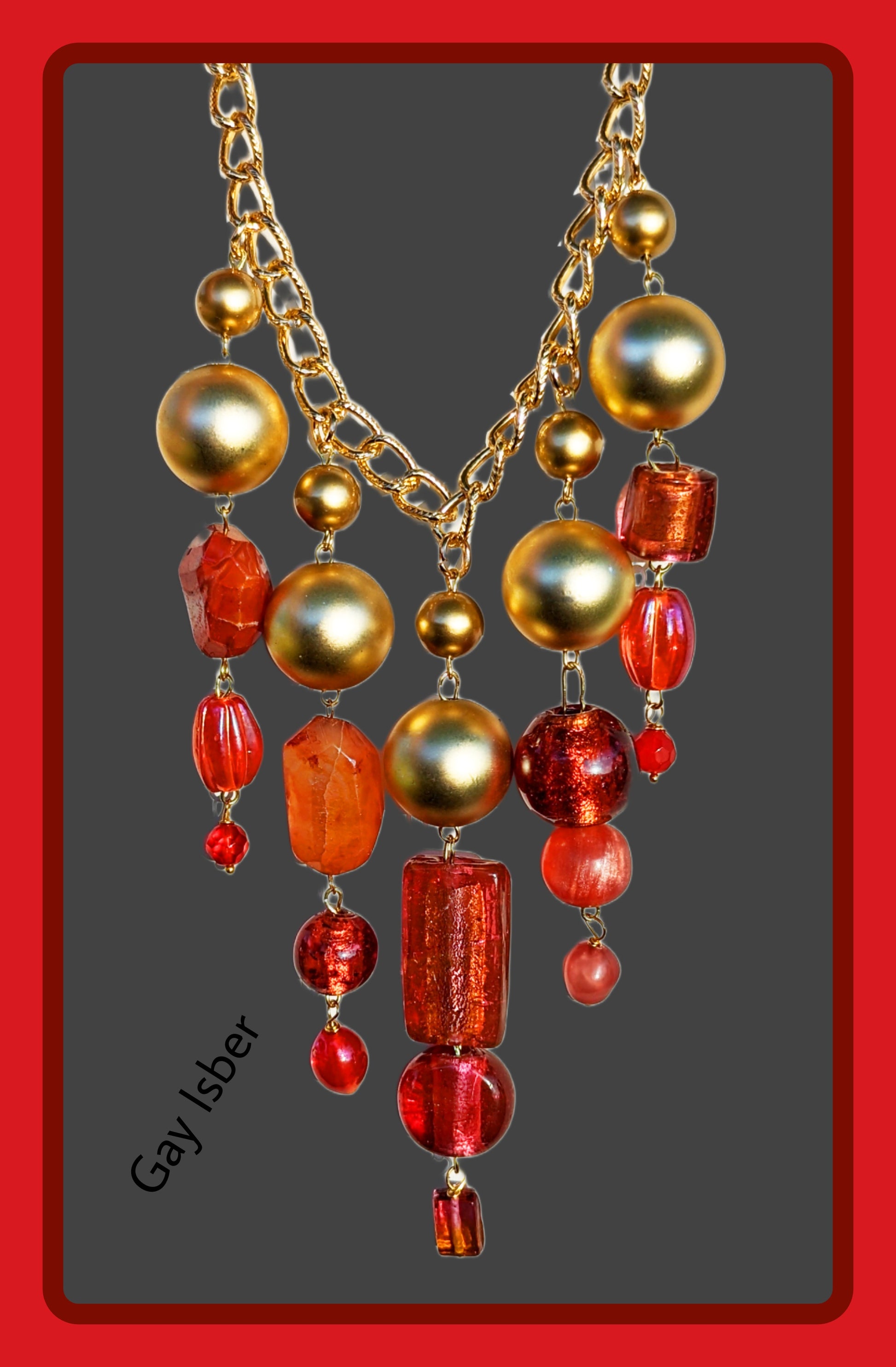 Beautiful Pinks Coral Orange + Gold beads Statement Art Necklace Gay Isber USA 1 of 1-Gay Isber Designs