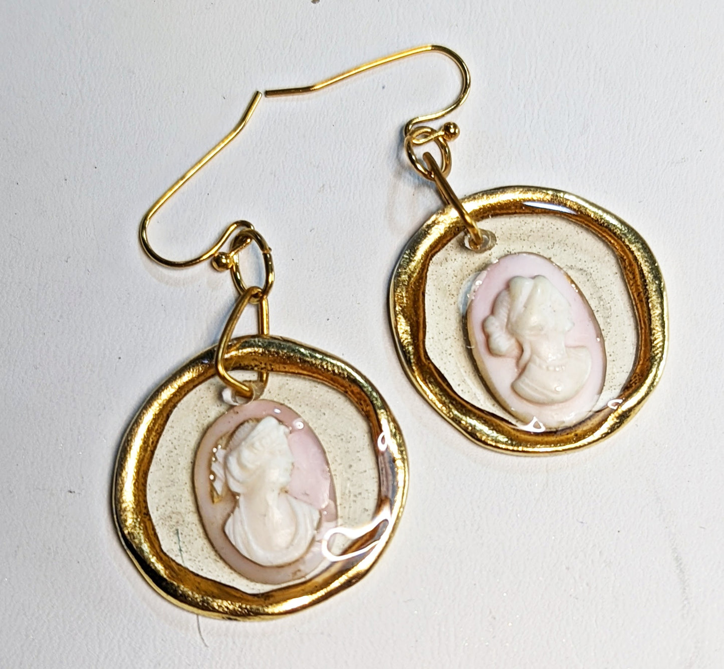 Pink Shell Hand Carved Vintage Cameos set in Resin Earrings Gay Isber Sister Collection-Gay Isber Designs