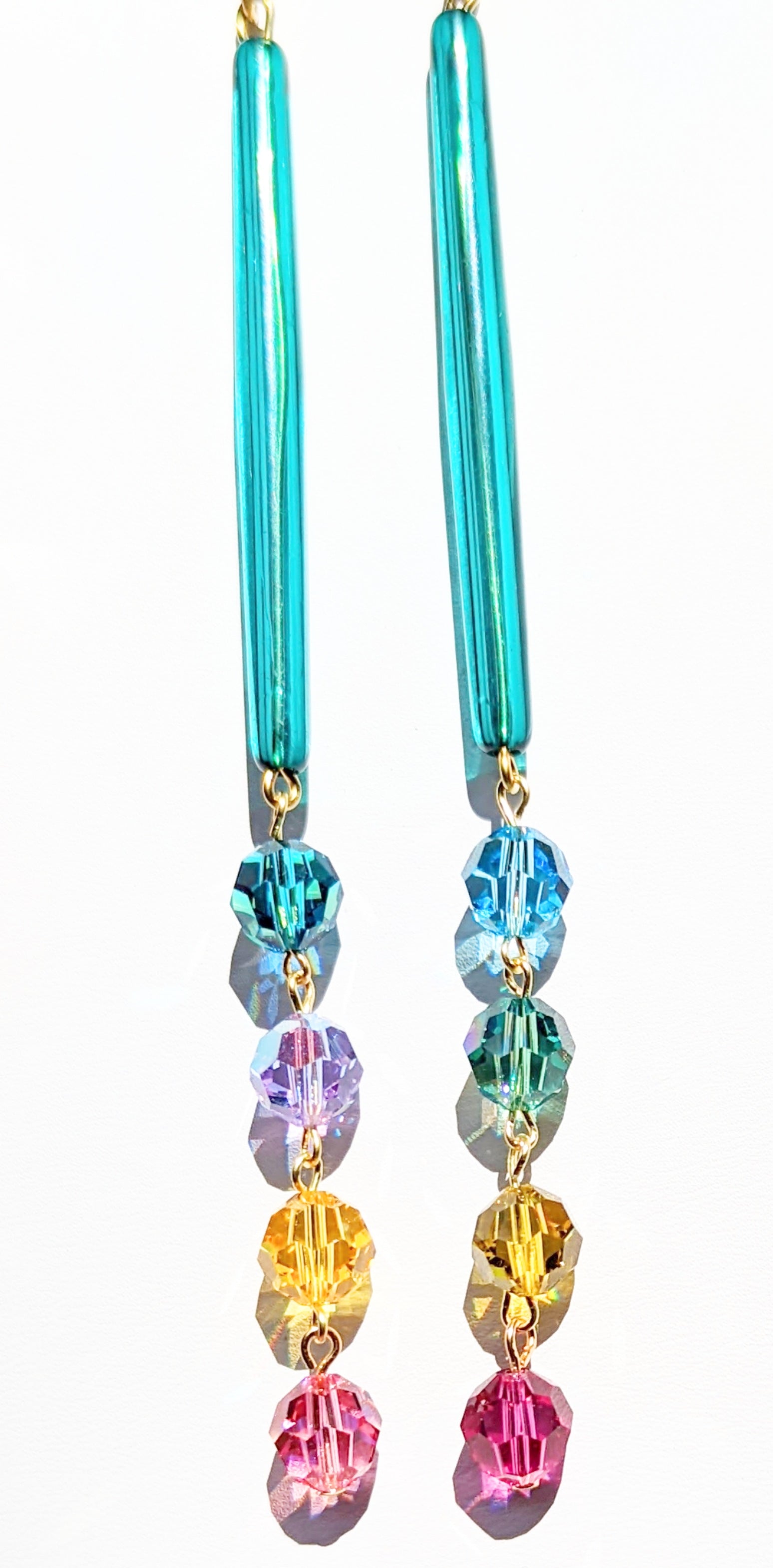 Extra long Teal Confetti Earrings Swarovski Crystals Vintage Acrylic Gay Isber Sugar Pops-Gay Isber Designs