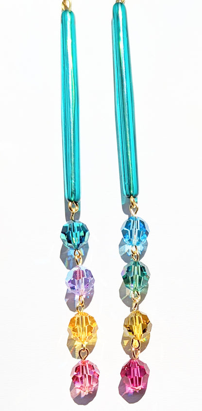 Extra long Teal Confetti Earrings Swarovski Crystals Vintage Acrylic Gay Isber Sugar Pops-Gay Isber Designs