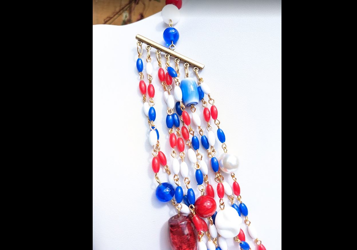 Election Collection 7 Strands of Red White and Blue Vintage Beads Handlinked Vintage Pearl 24 inch VOTE Necklace Gay Isber-Gay Isber Designs