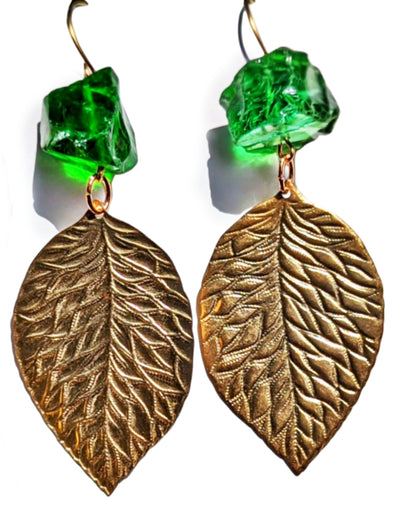 Green Nugget Beads Brass Leaves Gay Isber Sugar Pops Collection Earrings-Gay Isber Designs