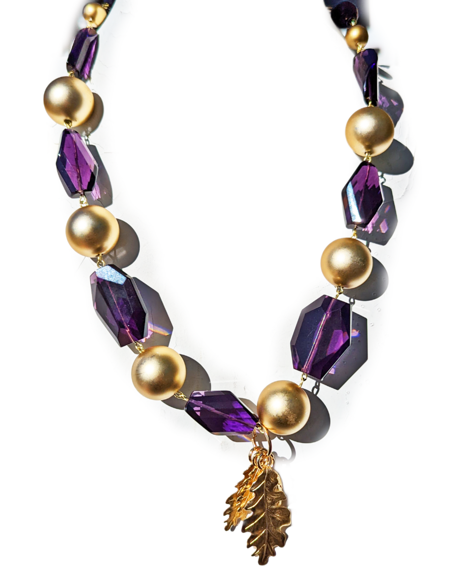 Beautiful Amethyst Purple + Gold Ball Necklace Brass Leaves Gay Isber one of a kind USA Made-Gay Isber Designs