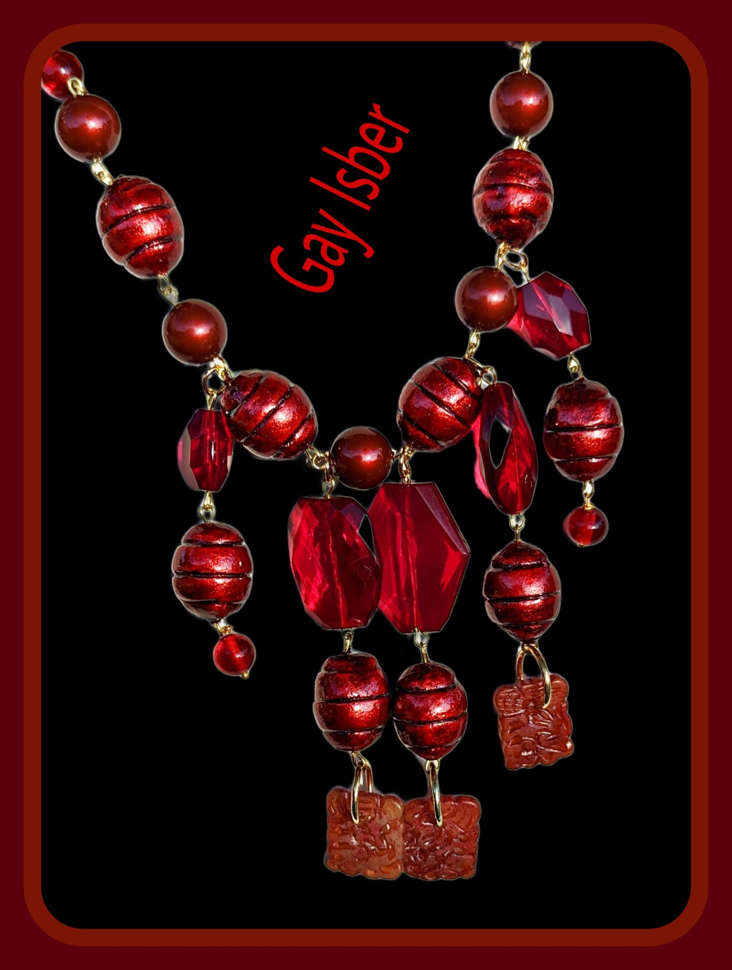 Deep Red Garnet Glass + Vintage Cotton Pearl Art Necklace Gay Isber USA 1 of 1-Gay Isber Designs