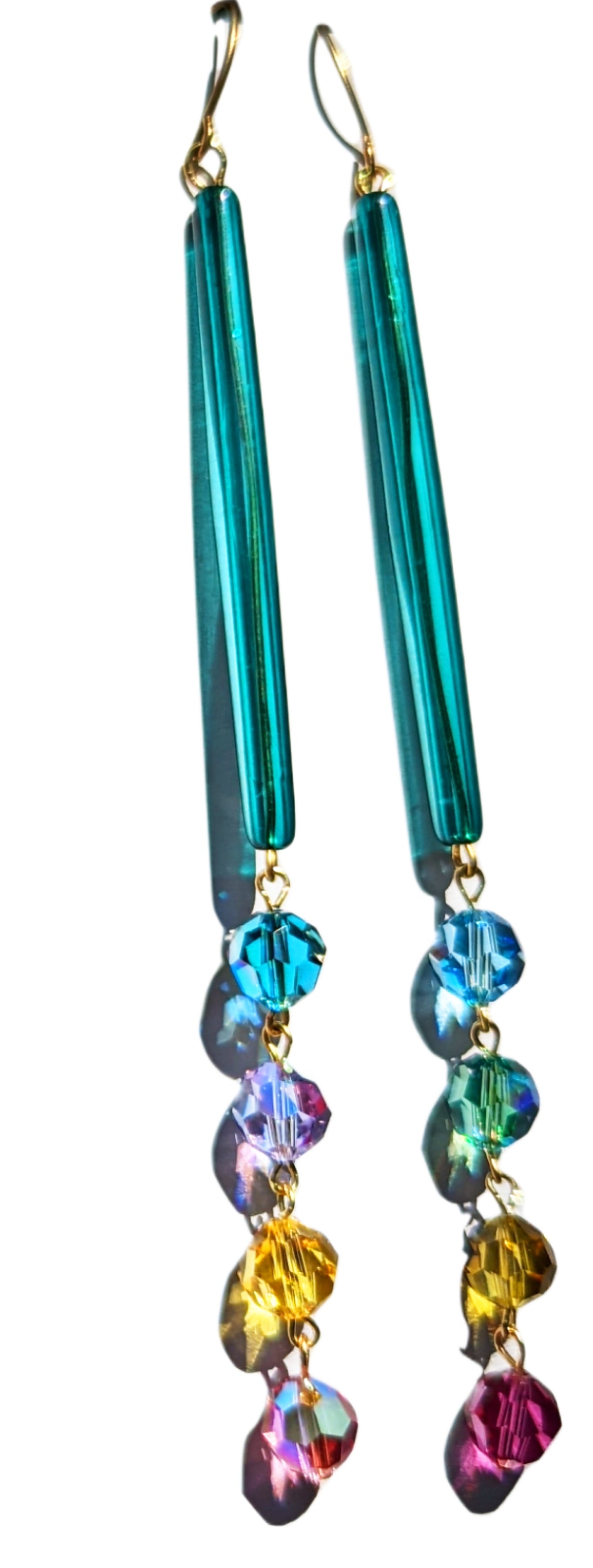 Extra long Teal Confetti Earrings Swarovski Crystals Vintage Acrylic Gay Isber Sugar Pops-Gay Isber Designs