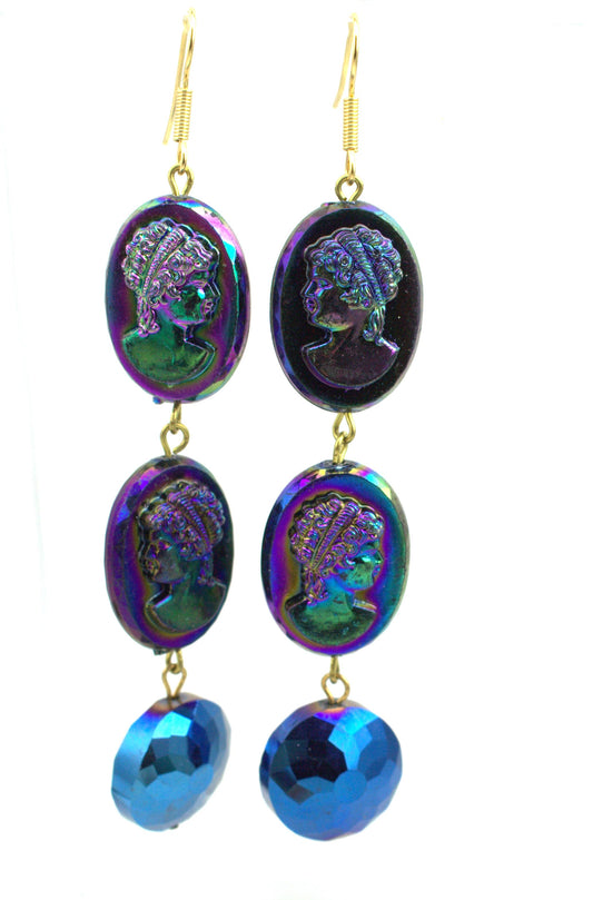 Blue Purple Acrylic Cameo Earrings Gay Isber Sister Collection one of a kind-Gay Isber Designs