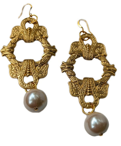 Elizabeth HRM Earrings Brass Pressings Vintage Pearls USA Made Gay Isber Free Gift Bag Regal-Gay Isber Designs