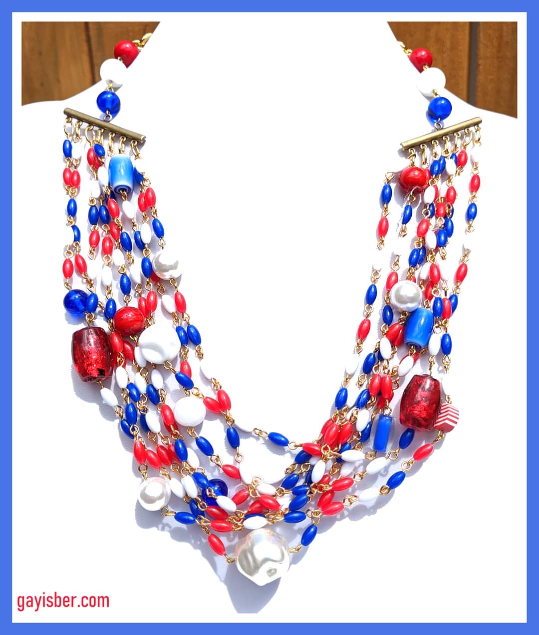 Election Collection 7 Strands of Red White and Blue Vintage Beads Handlinked Vintage Pearl 24 inch VOTE Necklace Gay Isber-Gay Isber Designs