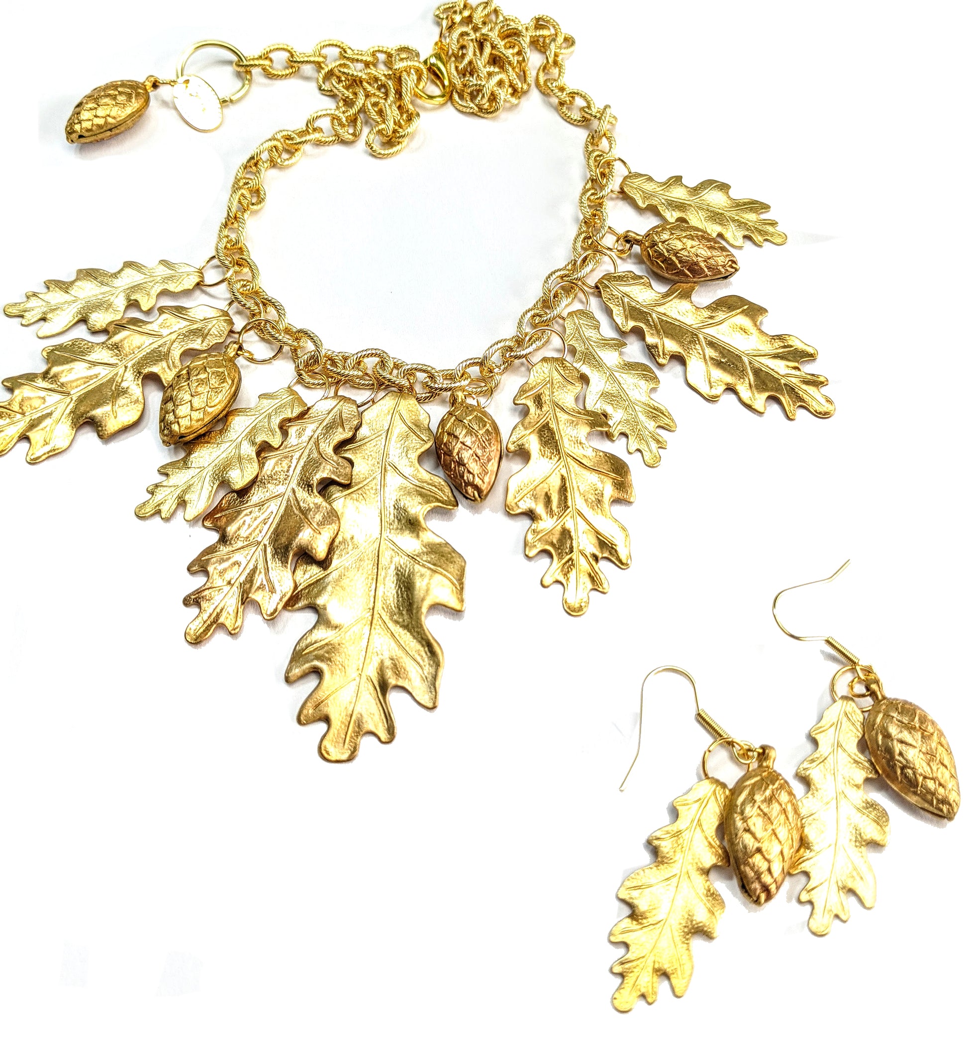 Leaves & Pinecones Brass Necklace 100% USA Gay Isber Gift Box FREE matching earring-Gay Isber Designs