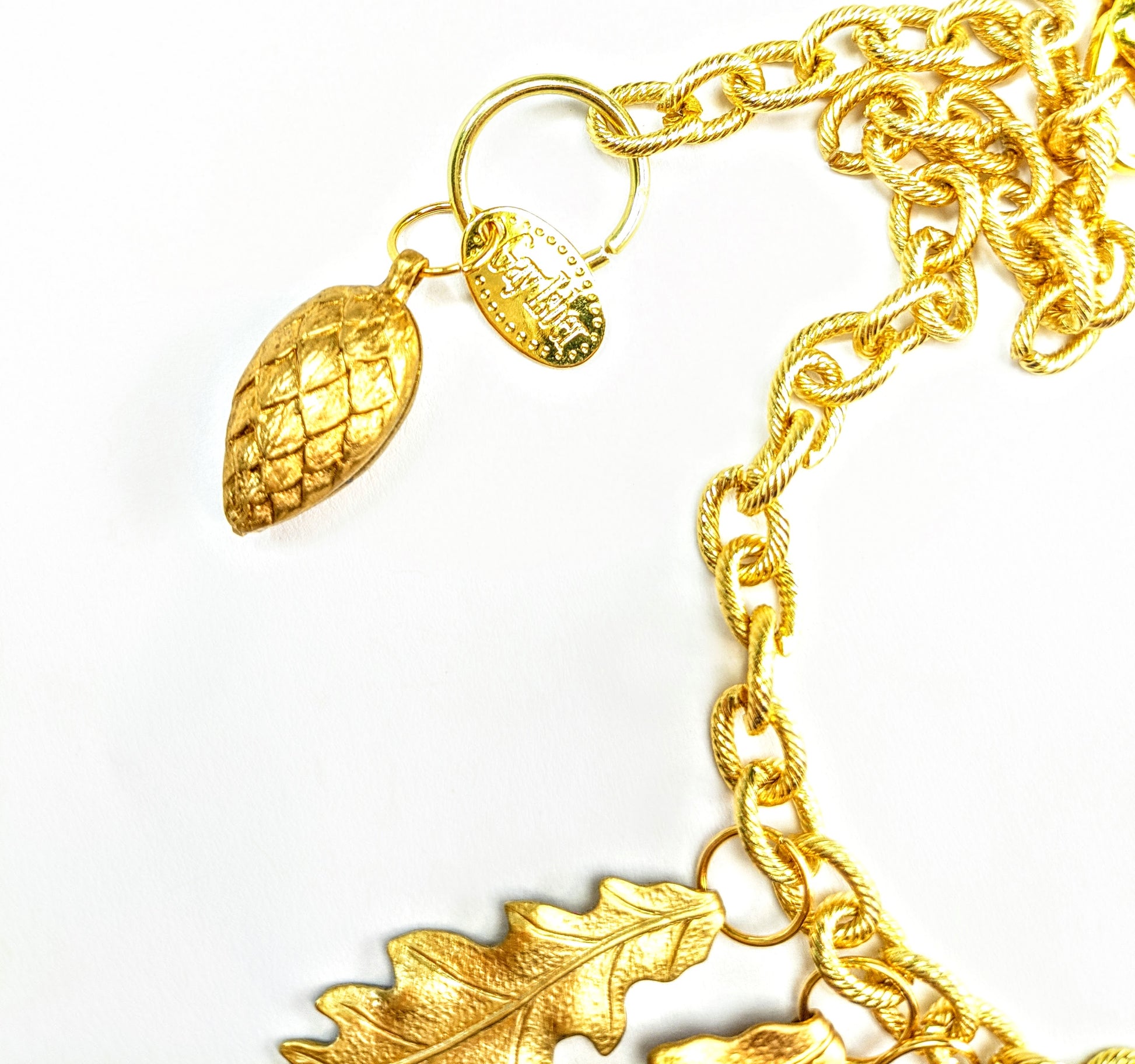 Leaves & Pinecones Brass Necklace 100% USA Gay Isber Gift Box FREE matching earring-Gay Isber Designs