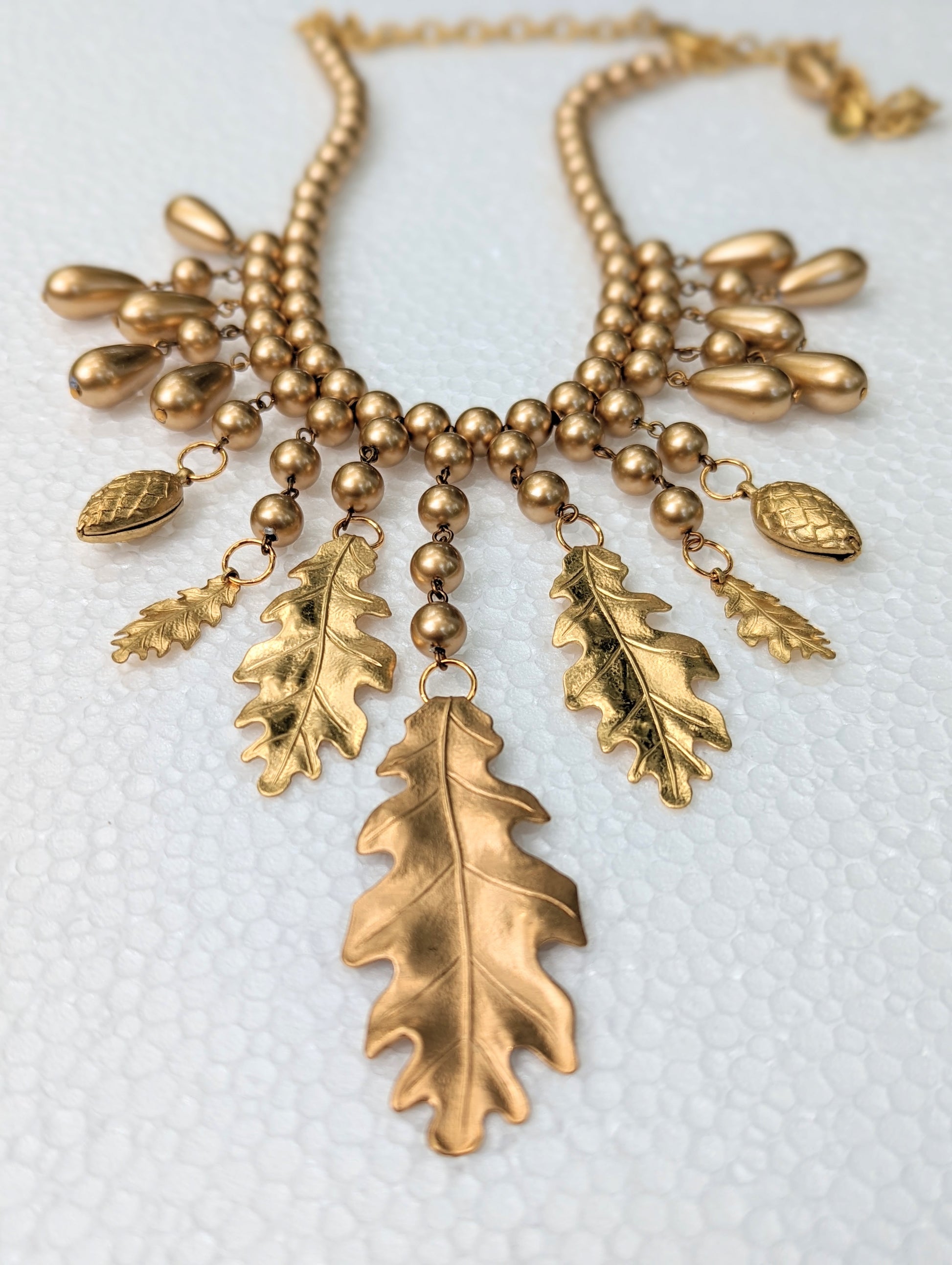 Gold Vintage Pearls Necklace Brass Leaves and Pinecones Gay Isber Gift Boxed USA Made-Gay Isber Designs