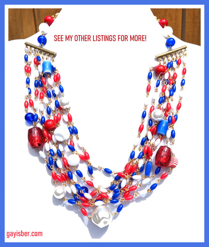 Election Collection 7 Strands of Red White and Blue Vintage Beads Handlinked Vintage Pearl 24 inch VOTE Necklace Gay Isber-Gay Isber Designs