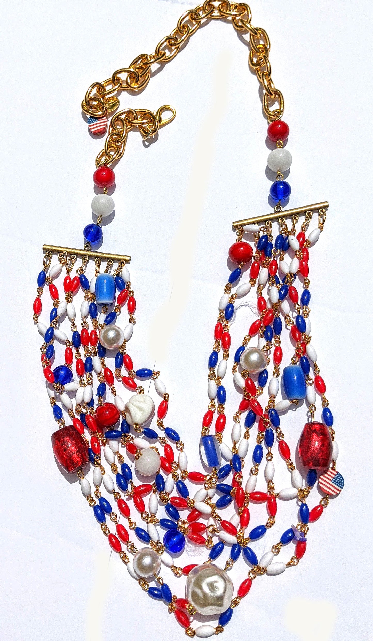 Election Collection 7 Strands of Red White and Blue Vintage Beads Handlinked Vintage Pearl 24 inch VOTE Necklace Gay Isber-Gay Isber Designs