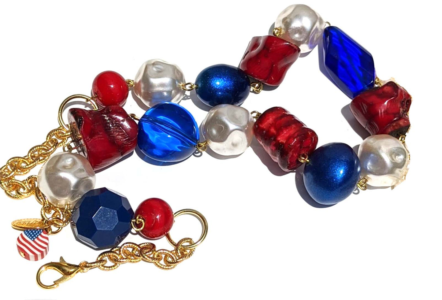 Election Collection 1-Strand of Red White Blue Vintage New Beads Handlinked Pearls 20 inches Necklace Gay Isber-Gay Isber Designs