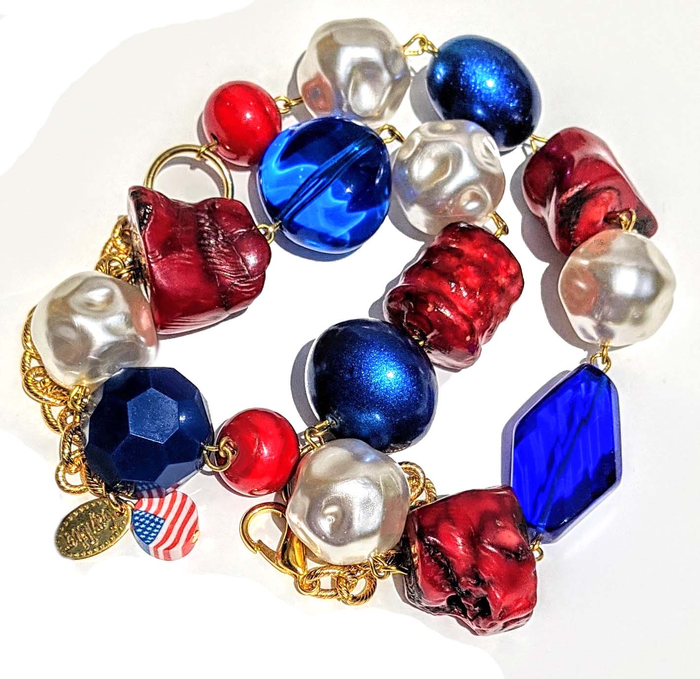 Election Collection 1-Strand of Red White Blue Vintage New Beads Handlinked Pearls 20 inches Necklace Gay Isber-Gay Isber Designs