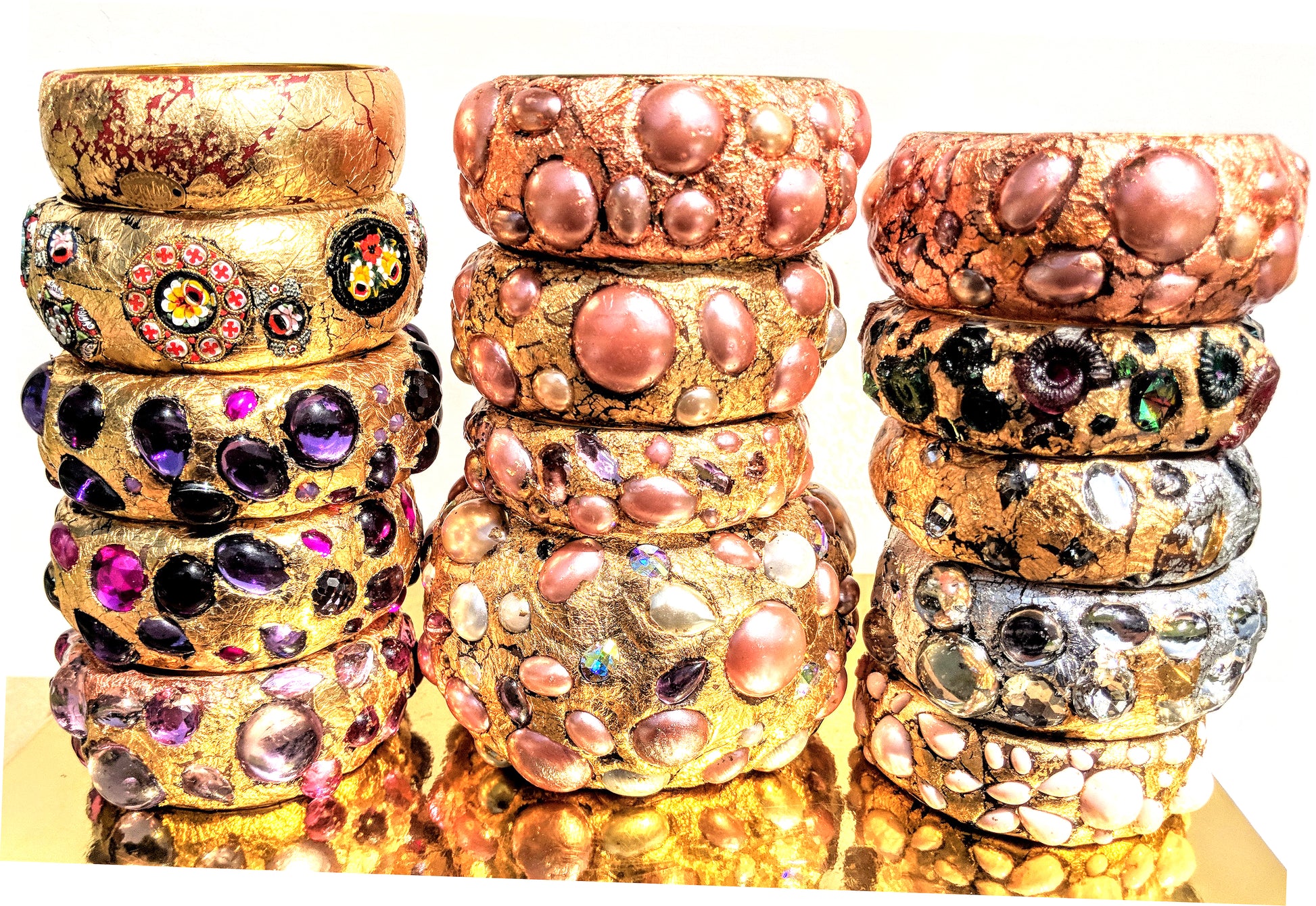 Swarovskis + Vintage + Gold Bangle Bracelets Each Many Colors: Purple, Red, Blue, Green, Pearl, Multi Unique Gay Isber-Gay Isber Designs