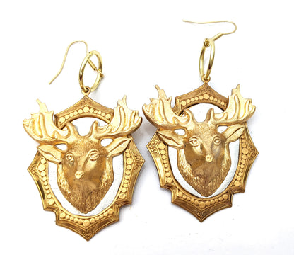 3D Deer or Elk on a Brass Frame Earrings Gay Isber Gift Bagged USA Brass XL Women-Gay Isber Designs