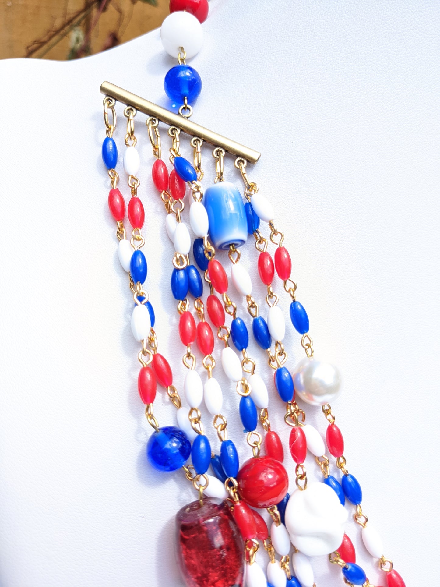 Election Collection 7 Strands of Red White and Blue Vintage Beads Handlinked Vintage Pearl 24 inch VOTE Necklace Gay Isber-Gay Isber Designs