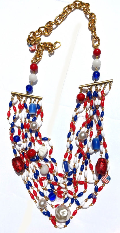 Election Collection 7 Strands of Red White and Blue Vintage Beads Handlinked Vintage Pearl 24 inch VOTE Necklace Gay Isber-Gay Isber Designs