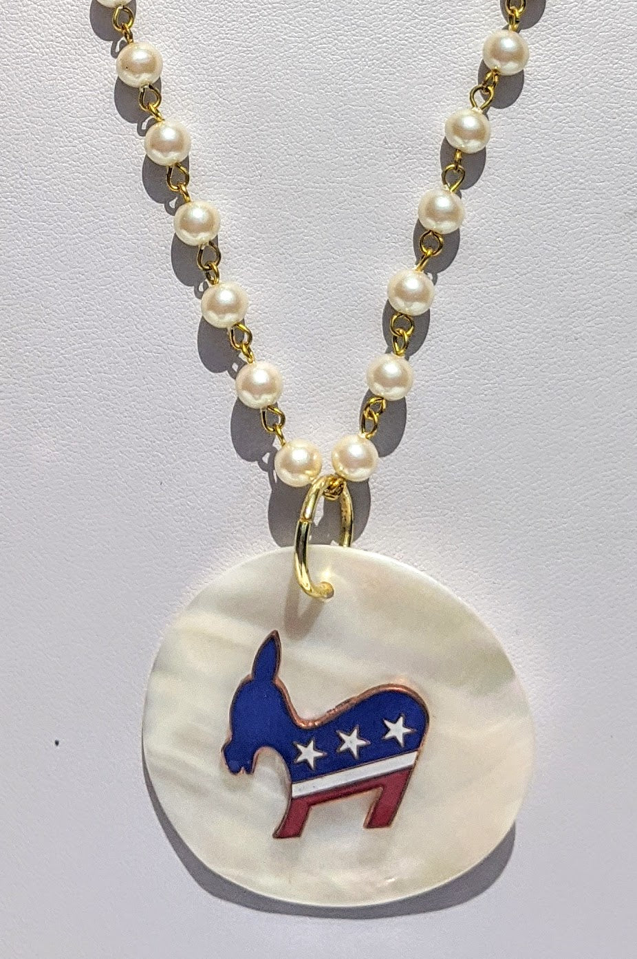 Election Collection Donkey on MOP Handlinked Vintage Pearl 24 inch VOTE Necklace Gay Isber-Gay Isber Designs