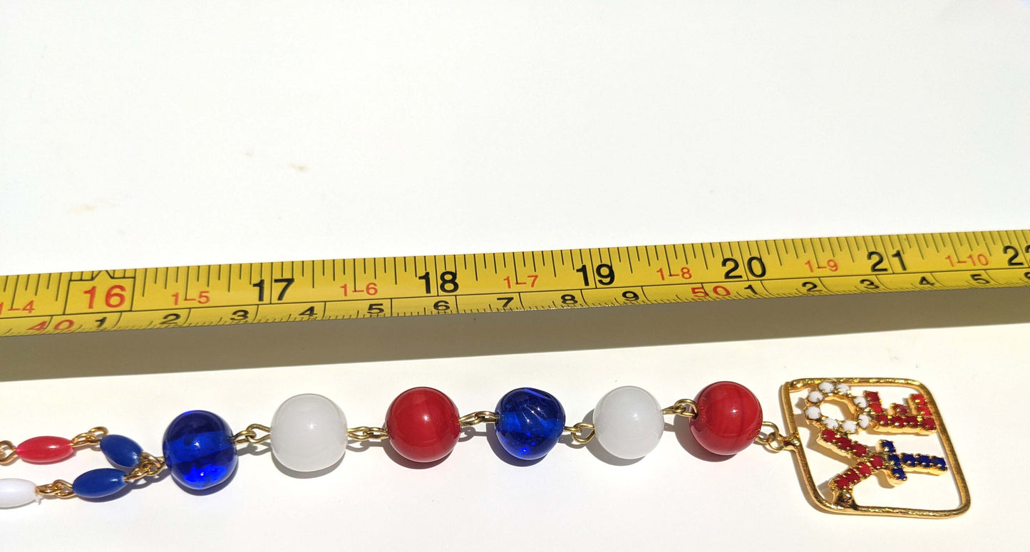 Election Collection Long T Necklace Swarovski VOTE Red White Blue Vintage Beads Handlinked 30 inch Necklace Gay Isber-Gay Isber Designs