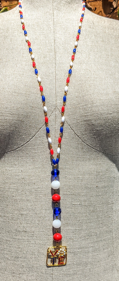 Election Collection Long T Necklace Swarovski VOTE Red White Blue Vintage Beads Handlinked 30 inch Necklace Gay Isber-Gay Isber Designs