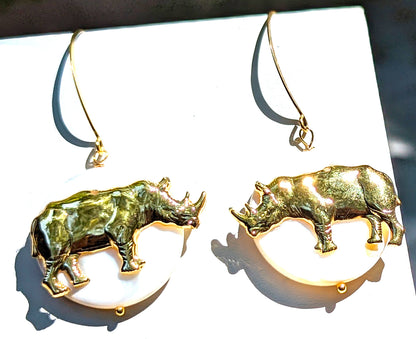 US Made Brass Rhino (Left/Right) Gold Plated Mother of Pearl disks USA Made Gold Plated Earring hooks-Gay Isber Designs