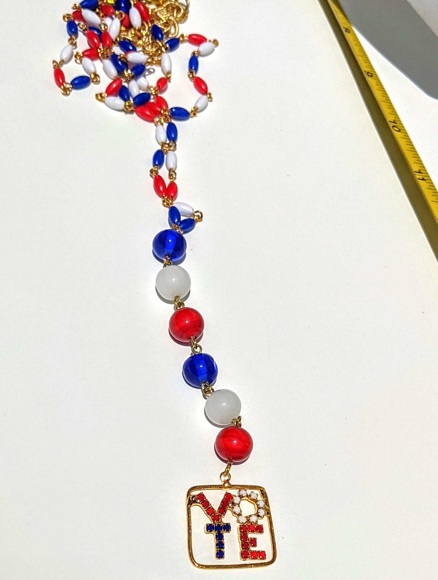 Election Collection Long T Necklace Swarovski VOTE Red White Blue Vintage Beads Handlinked 30 inch Necklace Gay Isber-Gay Isber Designs