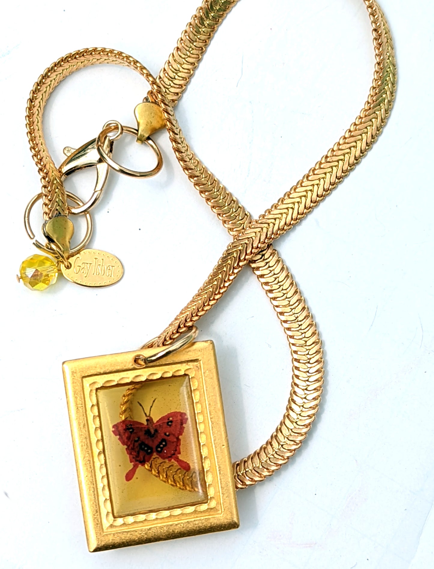 Gold plated Frame Flower or Butterfly Resin Necklace Gay Isber Sister Collection New Old Stock So CUTE-Gay Isber Designs