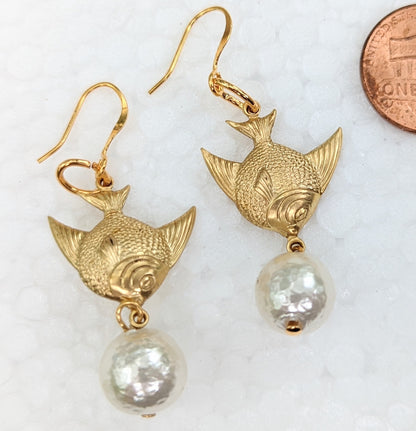 Angelfish and Rare Vintage Cotton Pearls Earrings Gay Isber USA Made with Free Gift Bag-Gay Isber Designs