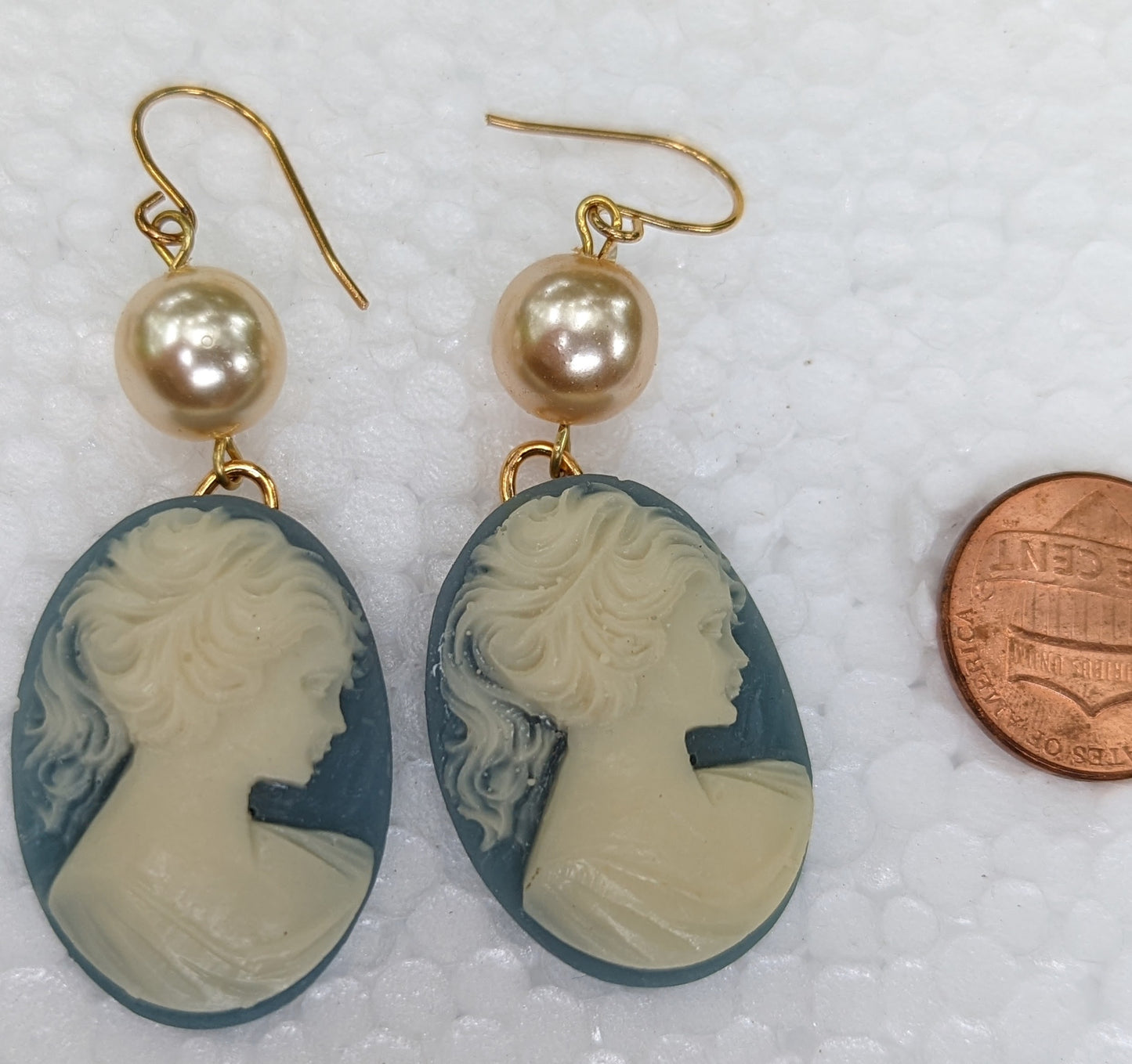 Blue or Brown Cameo Earrings Vintage Pearl Gay Isber gift bag new old stock-Gay Isber Designs