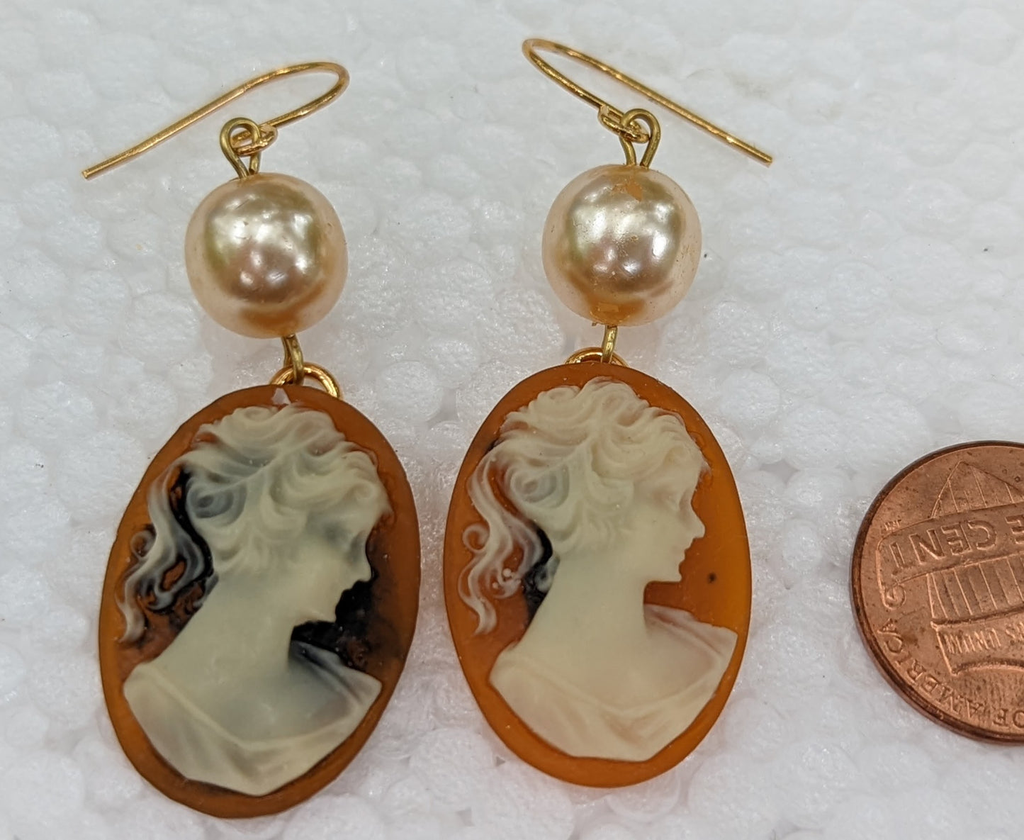 Blue or Brown Cameo Earrings Vintage Pearl Gay Isber gift bag new old stock-Gay Isber Designs