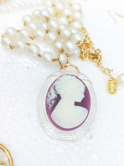 Purple Ponytail Cameo Necklace Handlinke Pearls Limited Vintage Gay Isber Sister Collection gift bag-Gay Isber Designs