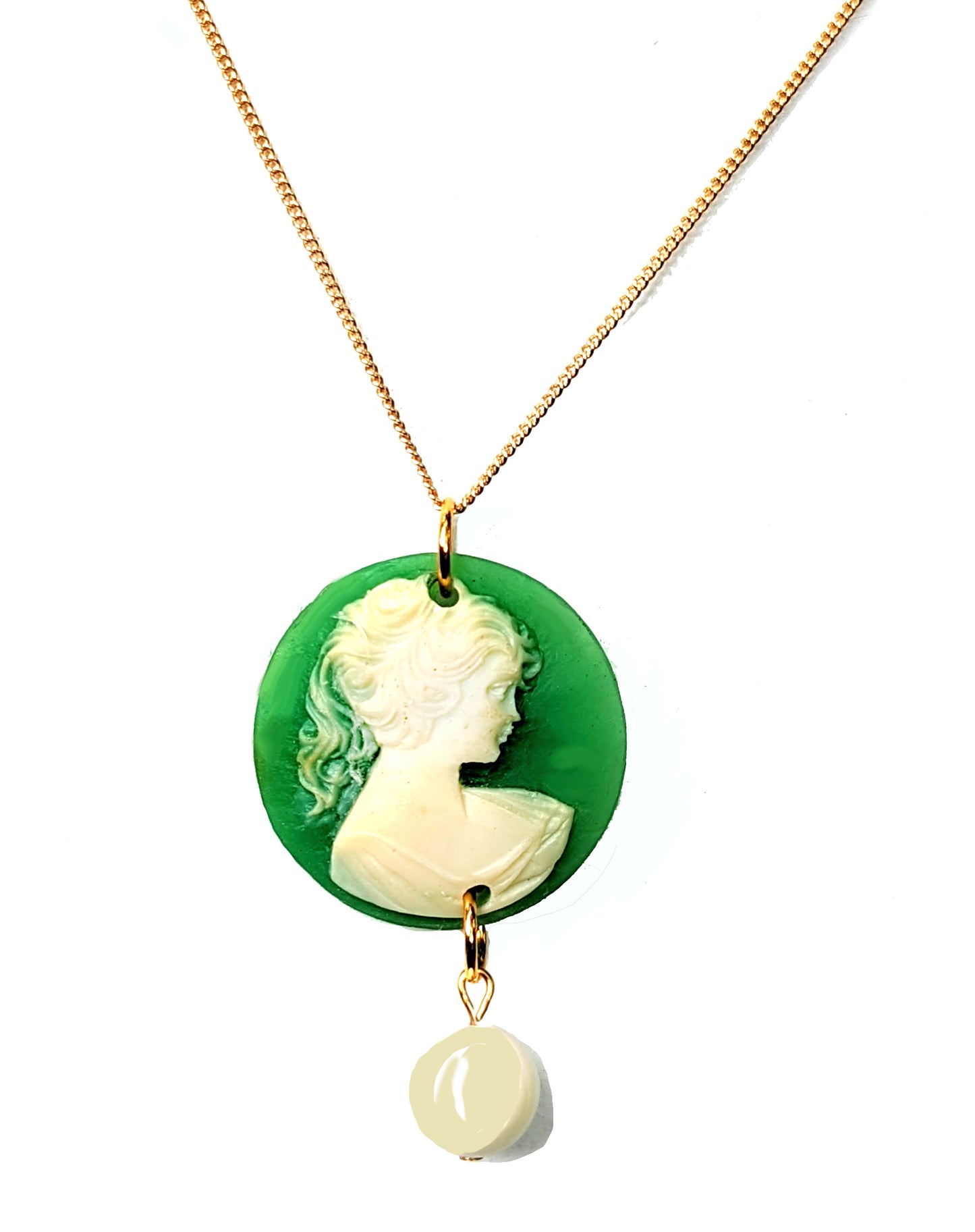 Green Ponytail Cameo Necklace Vintage Gay Isber gift bag new old stock-Gay Isber Designs