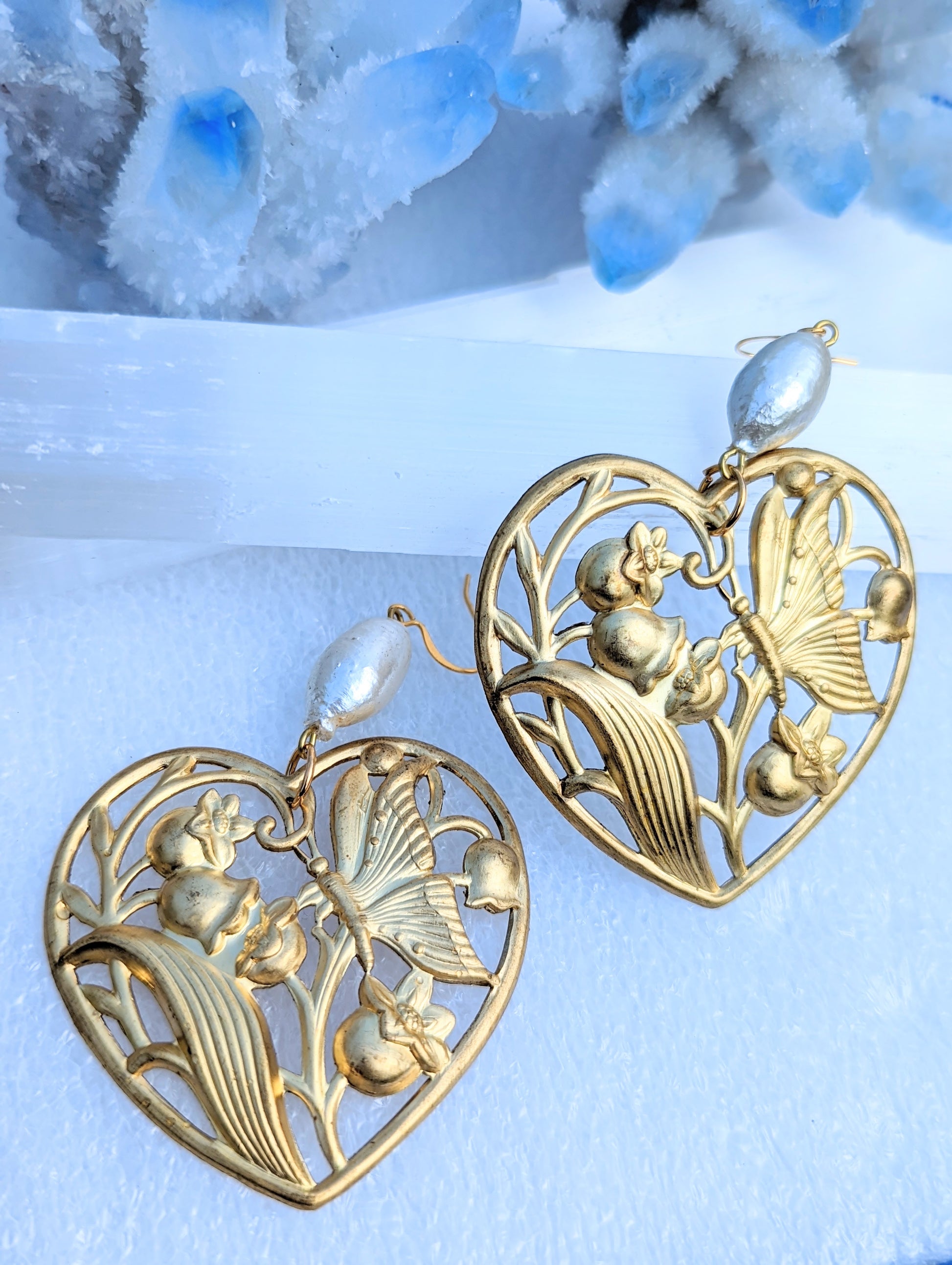 Heart Art Earrings USA Made using USA pressings Brass + Rare Cotton Pearls Gay Isber-Gay Isber Designs