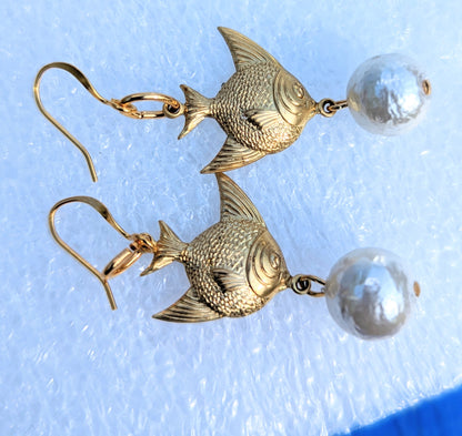 Angelfish and Rare Vintage Cotton Pearls Earrings Gay Isber USA Made with Free Gift Bag-Gay Isber Designs