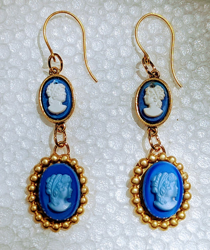 Blue Small Cameos Inset Earrings Sisters Collection Vintage Gay Isber gift bag new old stock-Gay Isber Designs