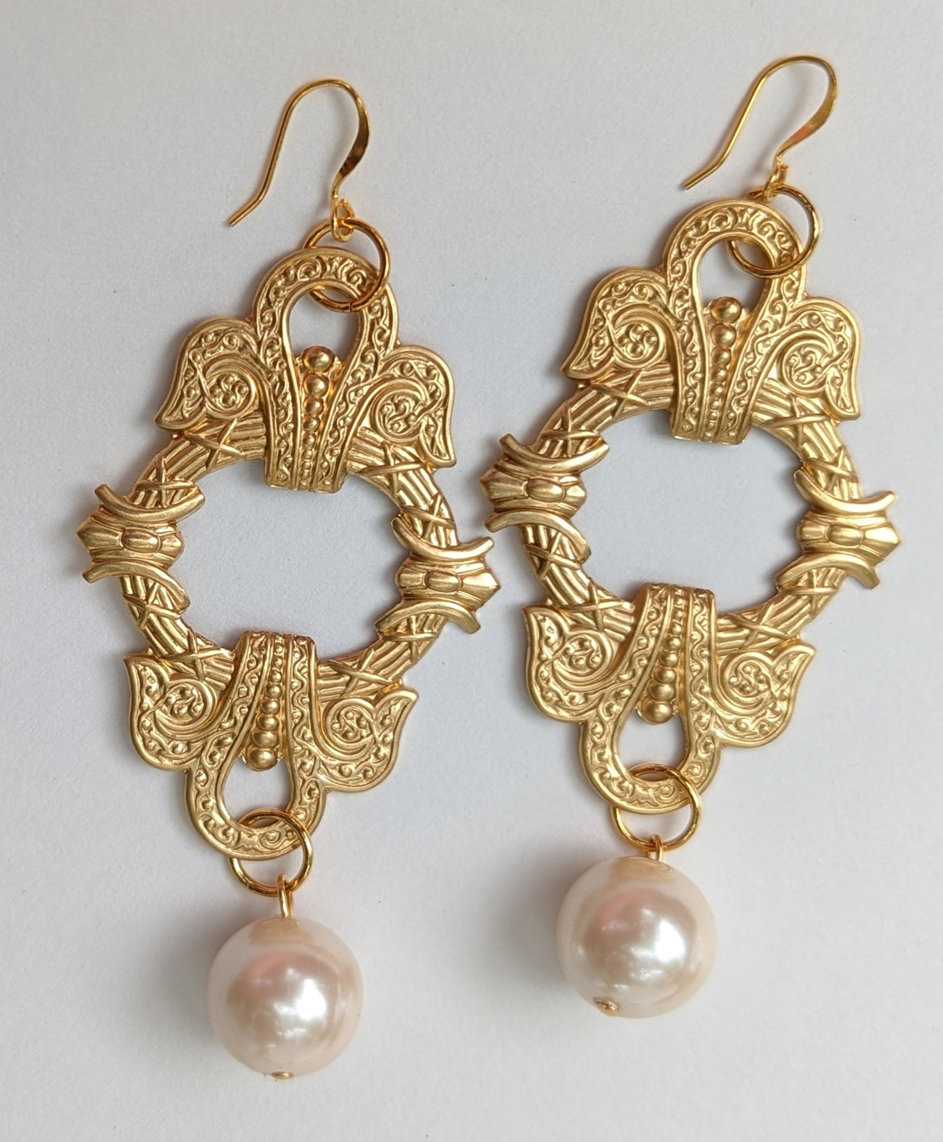 Elizabeth HRM Earrings Brass Pressings Vintage Pearls USA Made Gay Isber Free Gift Bag Regal-Gay Isber Designs