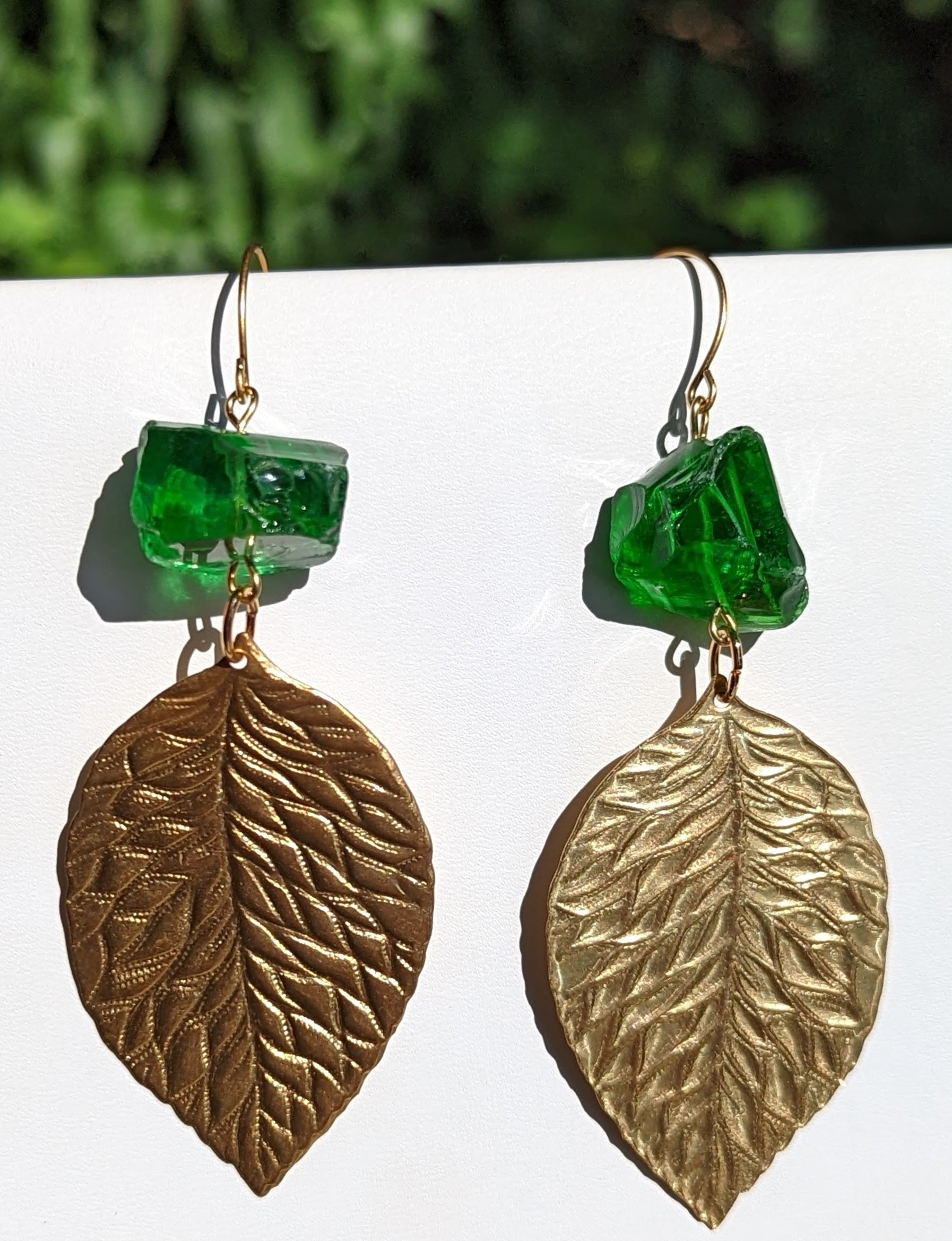 Green Nugget Beads Brass Leaves Gay Isber Sugar Pops Collection Earrings-Gay Isber Designs