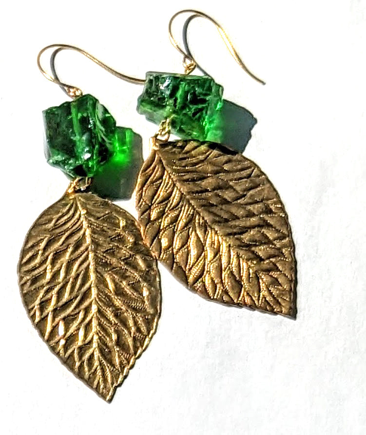 Green Nugget Beads Brass Leaves Gay Isber Sugar Pops Collection Earrings-Gay Isber Designs