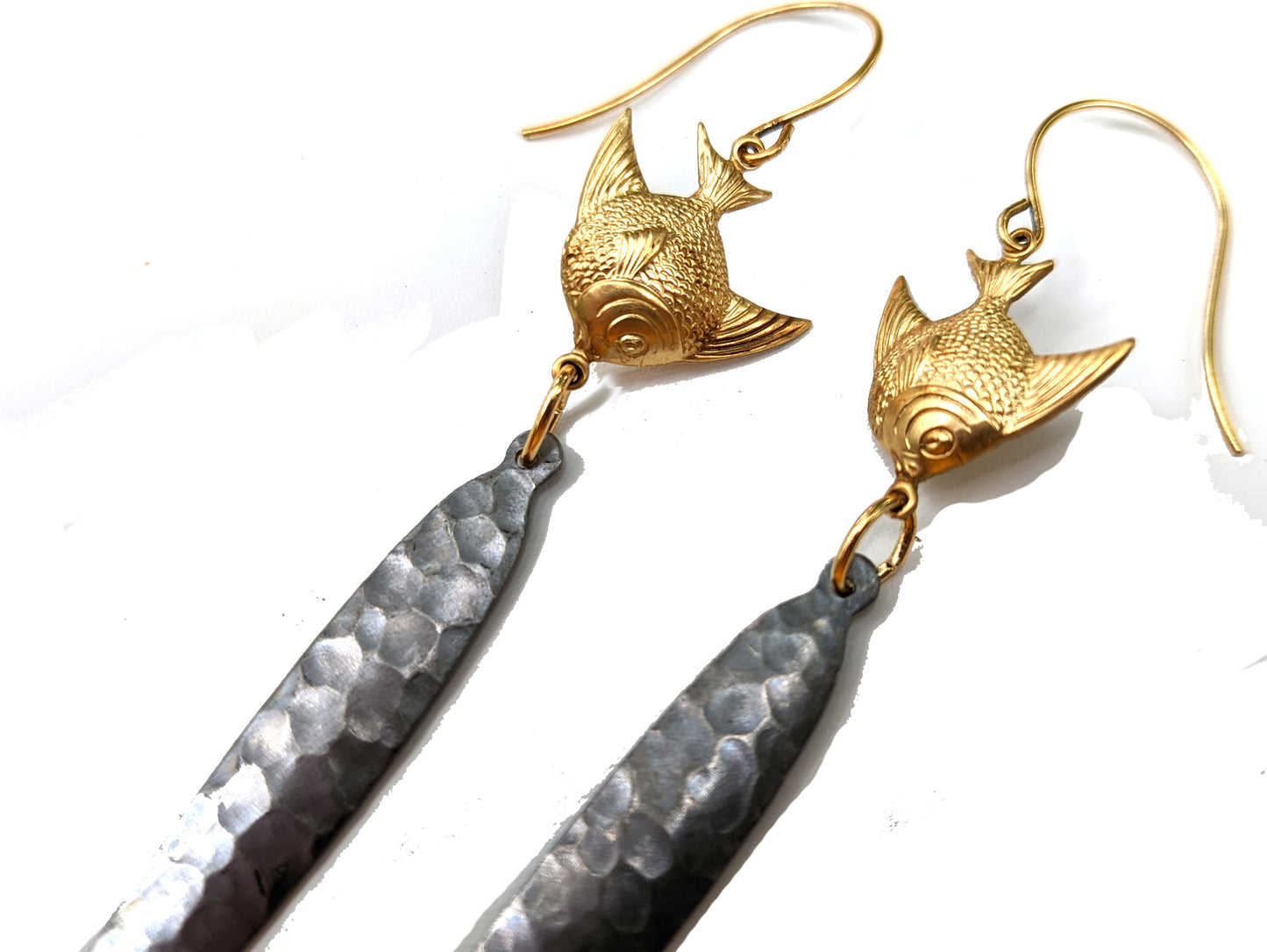 XL Blacked Hammered metal or White Pearl drops long Angelfish hand made USA Gay Isber Earrings-Gay Isber Designs