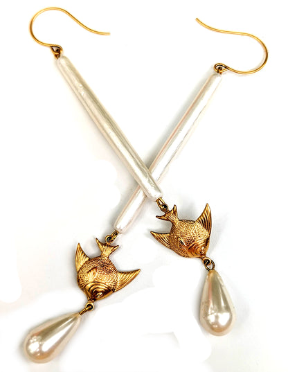 XL Blacked Hammered metal or White Pearl drops long Angelfish hand made USA Gay Isber Earrings-Gay Isber Designs