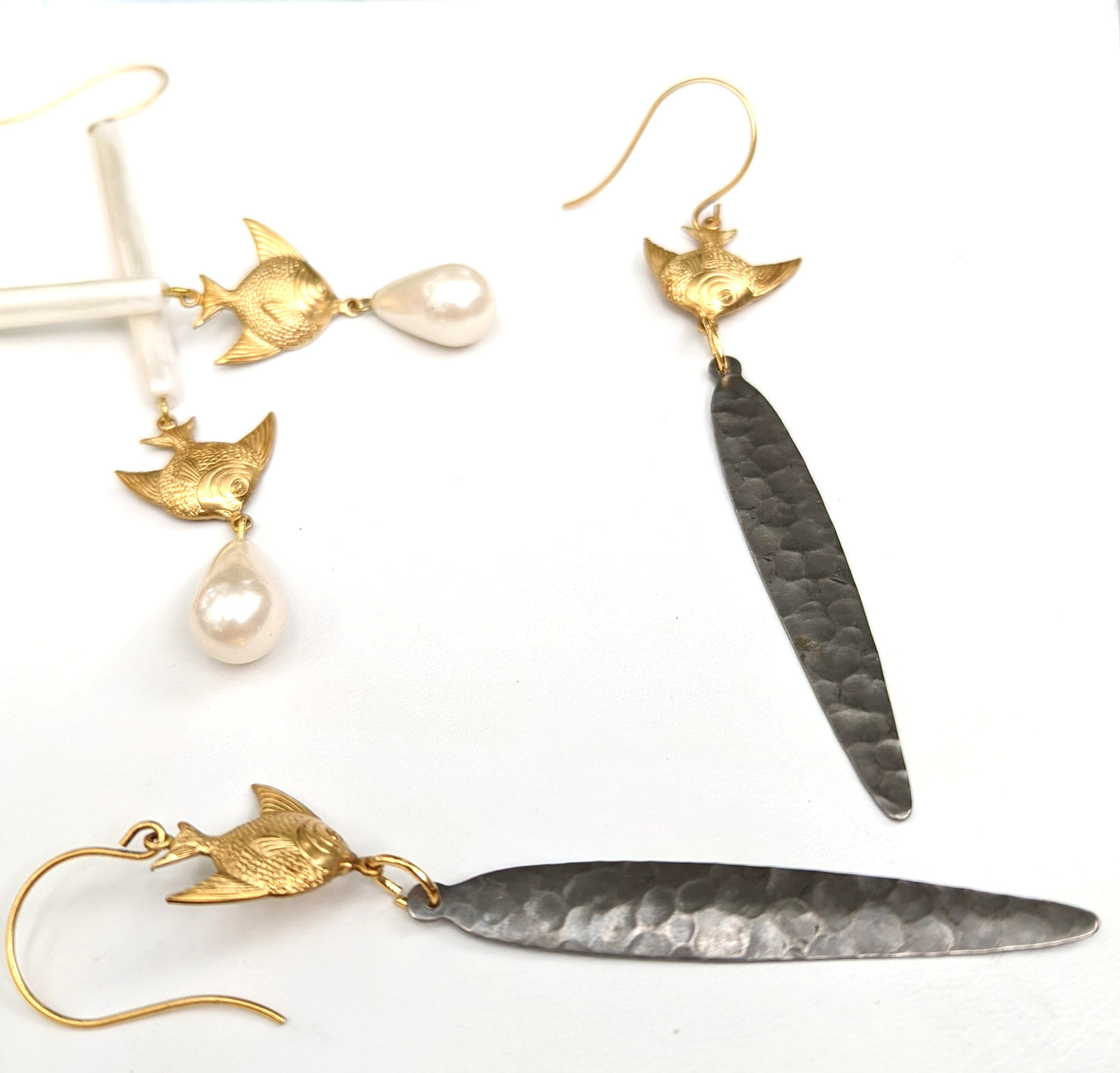 XL Blacked Hammered metal or White Pearl drops long Angelfish hand made USA Gay Isber Earrings-Gay Isber Designs