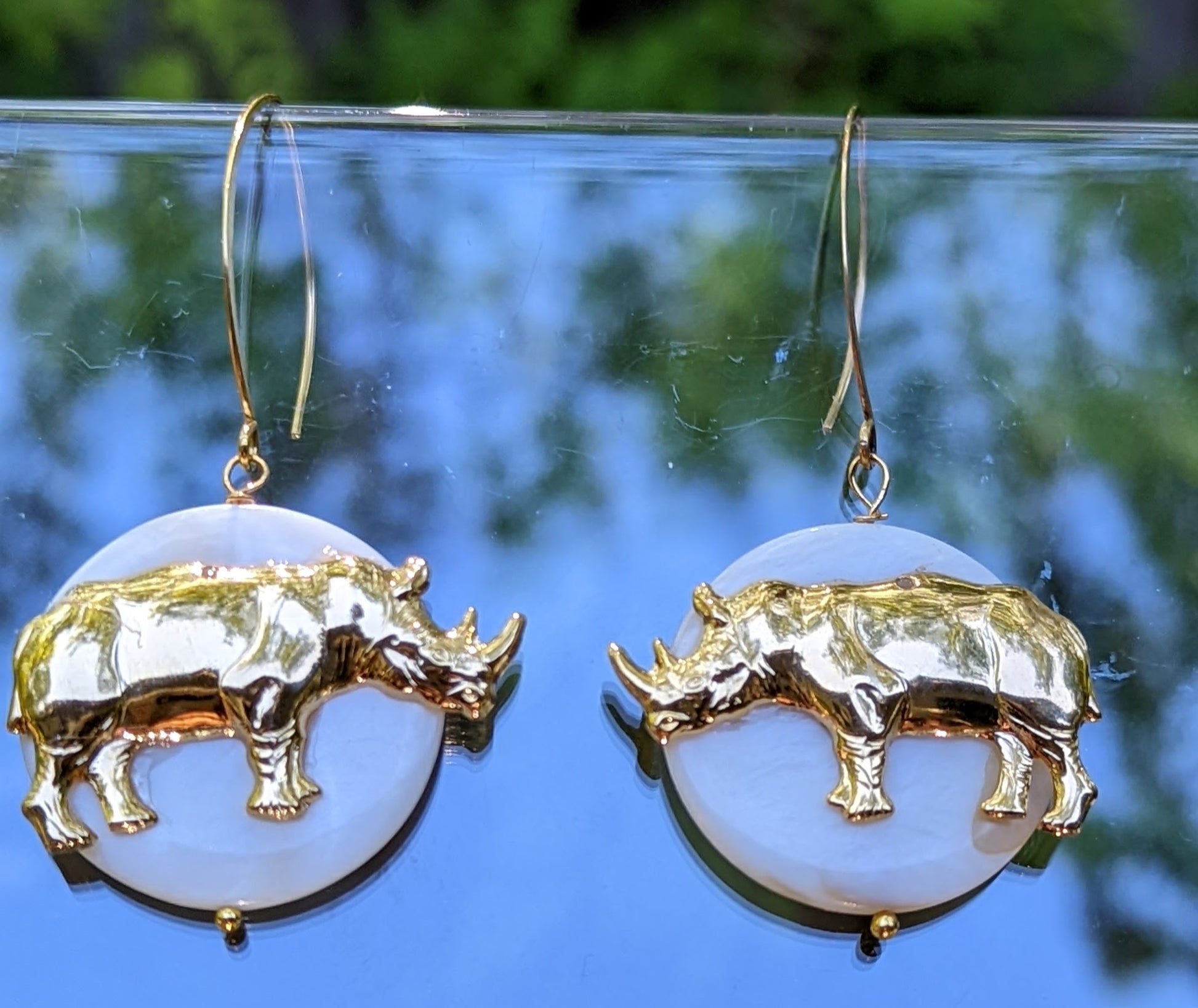 US Made Brass Rhino (Left/Right) Gold Plated Mother of Pearl disks USA Made Gold Plated Earring hooks-Gay Isber Designs