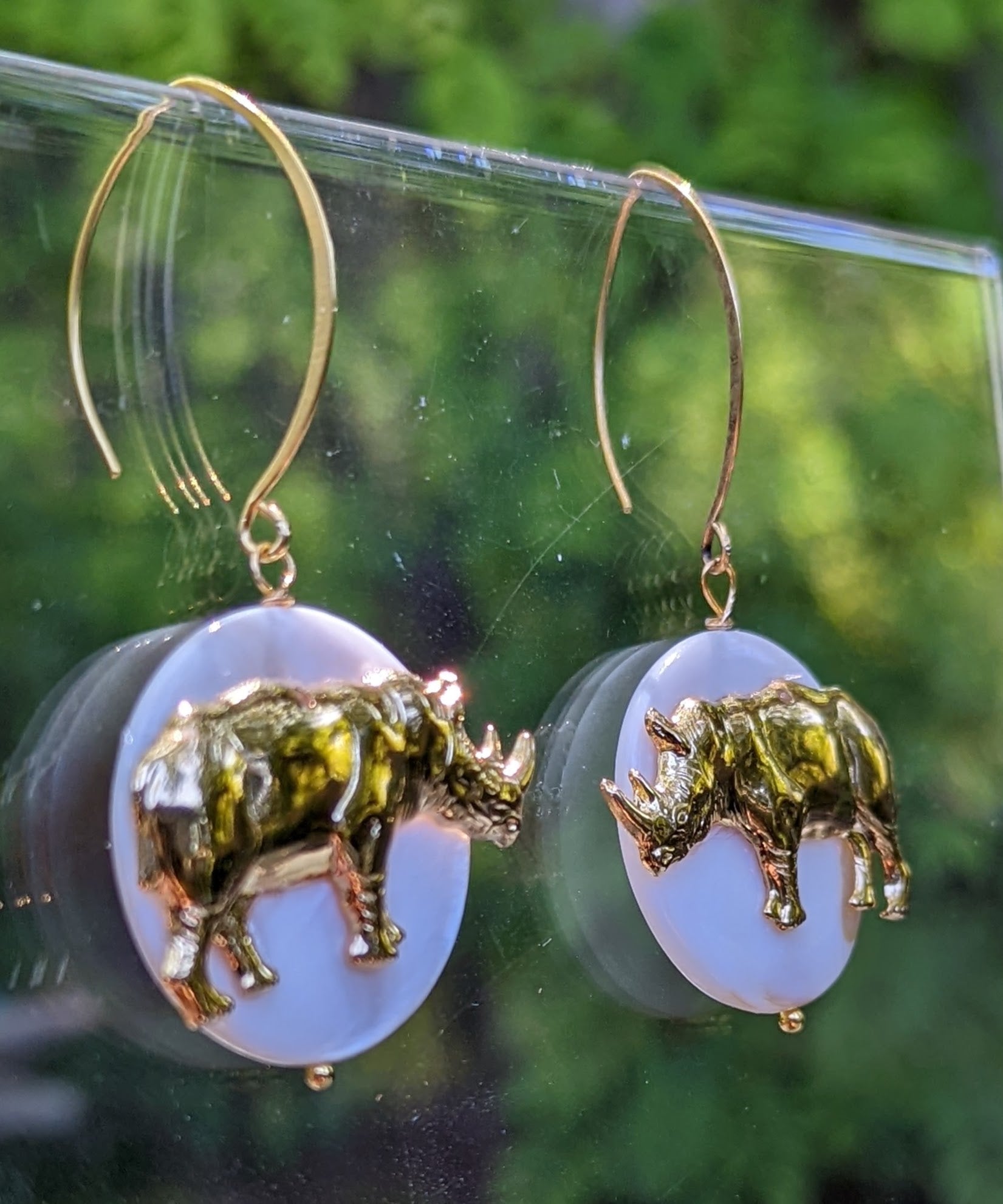 US Made Brass Rhino (Left/Right) Gold Plated Mother of Pearl disks USA Made Gold Plated Earring hooks-Gay Isber Designs