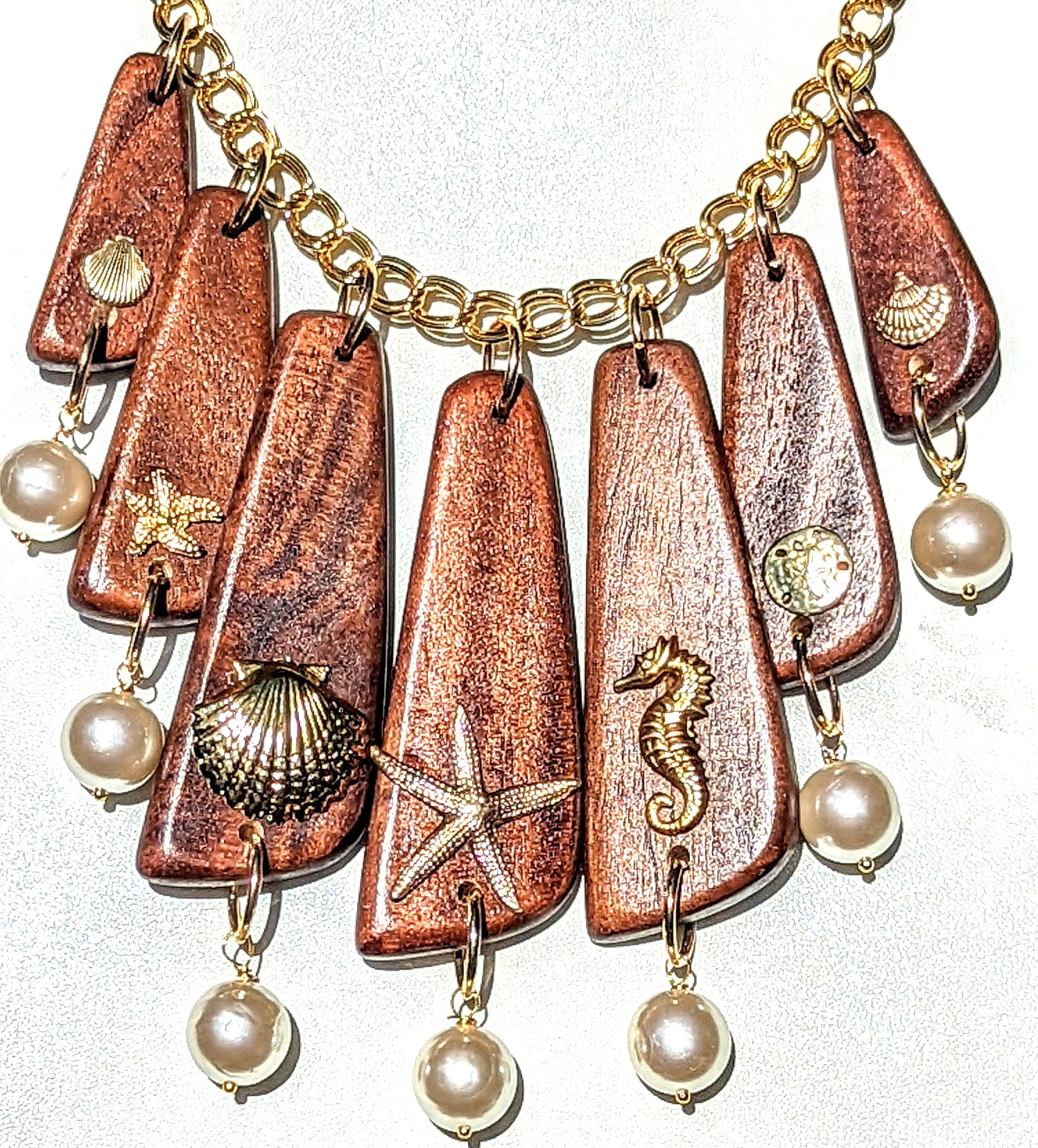 Wood + Sea Life Brass + Pearls = Beach Necklace Gay Isber BEAUTIFUL-Gay Isber Designs